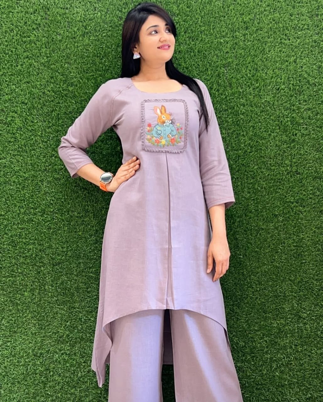 Purple Cotton Slub Embroidered Tunic Set